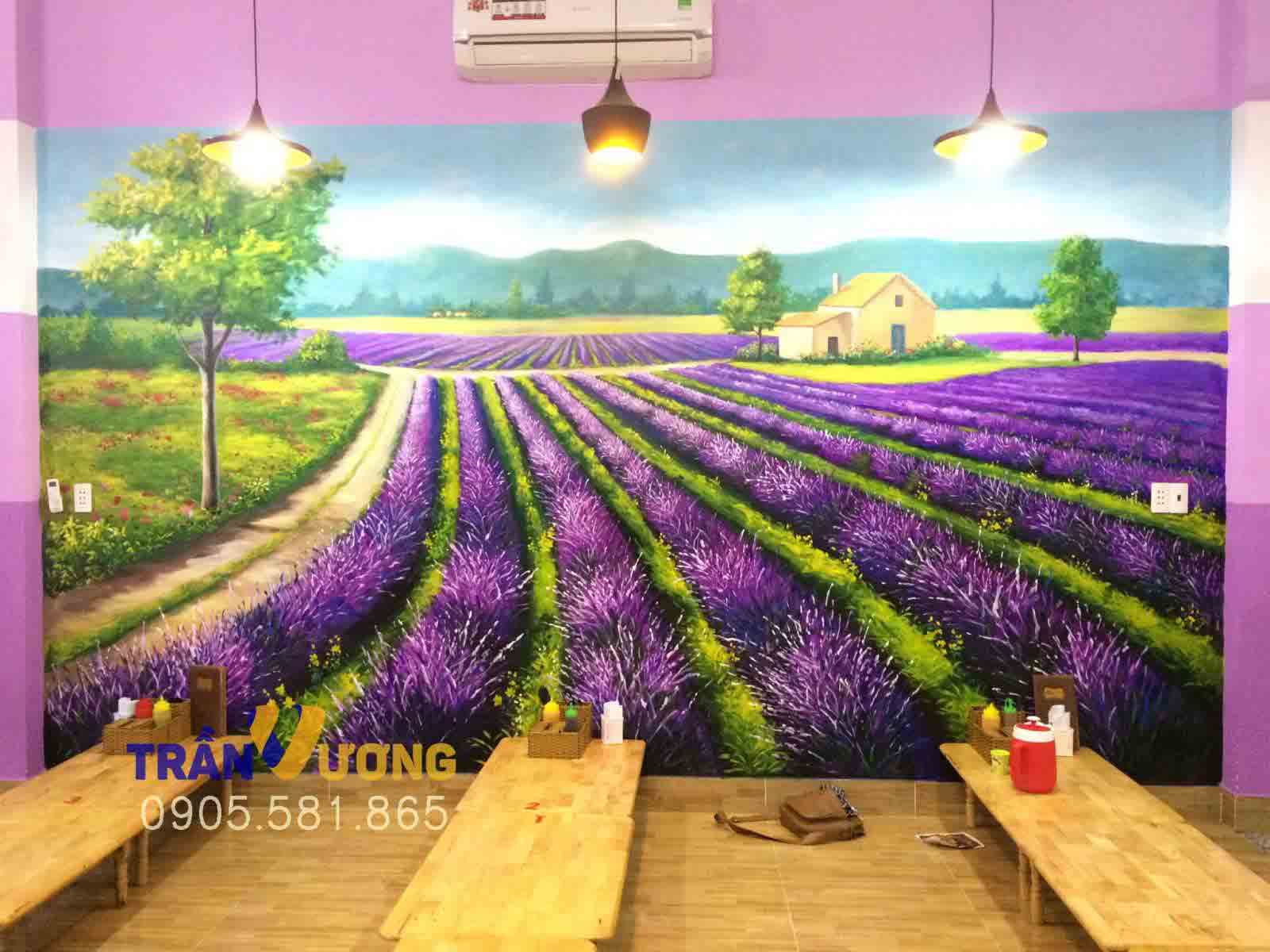 Tại sao nên vẽ tranh tường trang trí quán cà phê, tranh tường 3d cánh đồng hoa lavender