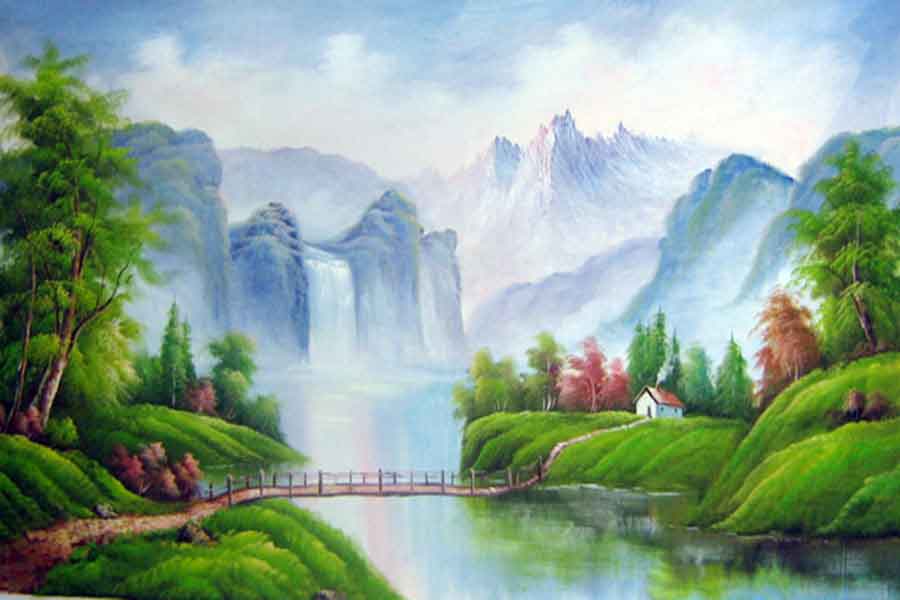 Vẽ tranh tường phong cảnh làng quê, sông núi