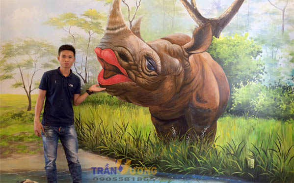 Vẽ tranh tường 3D nghệ thuật thăng hoa, tê giác trong rừng