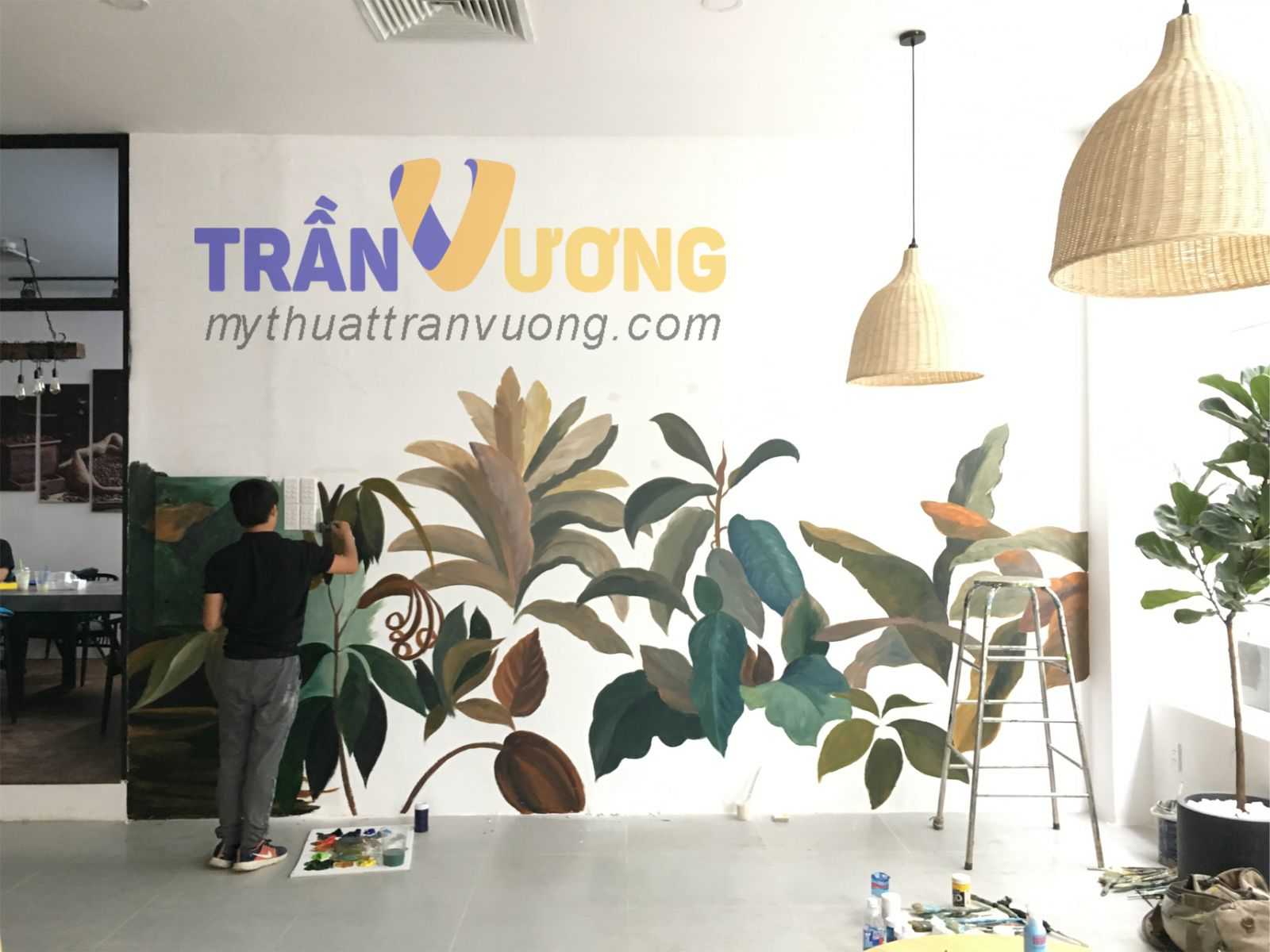 Tranh tường quán cafe họa tiết hoa lá