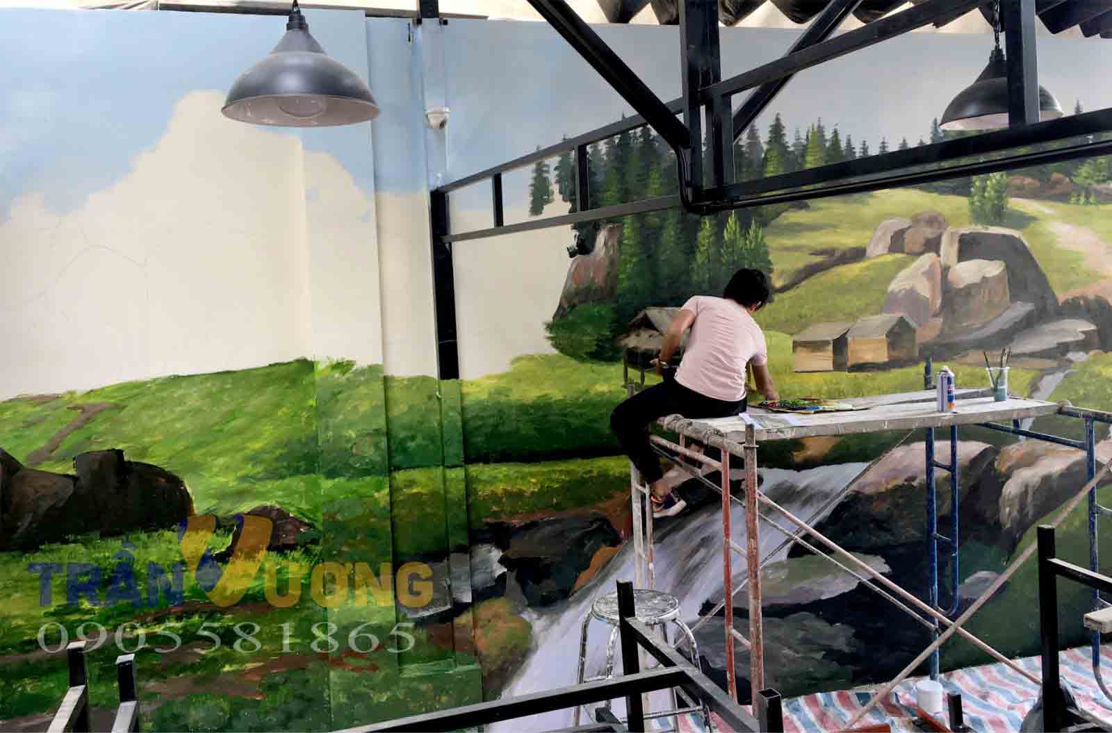 vẽ tranh tường phong cảnh cho quán lẩu dê